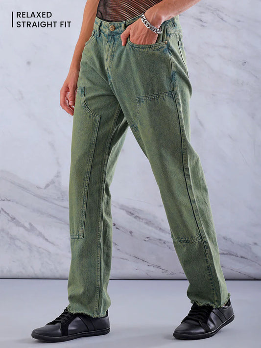 Men's Green Relaxed Straight Fit Patched Mid-Rise Jeans