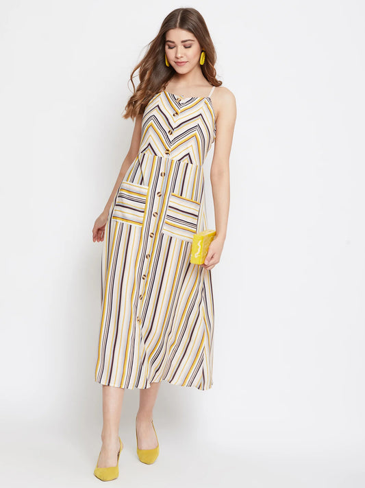 Women Multicoloured Stripe Patterned Button-Up Flared A-Line Midi Dress