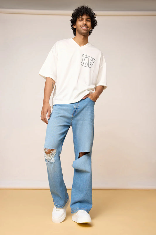 Comfortable Blue Knee Distressed Men’s Wide Leg Jeans Perfect for Daily Wear and Urban Looks