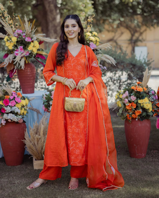 Stylish Saumya Orange Bandhani Chanderi Suit Set with Ethnic Detailing