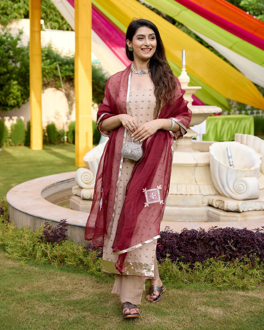 Kriti Beige Bandhani Chanderi Suit Set For Women