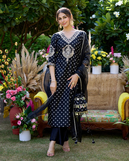 Mantra Black Bandhani Chanderi Suit Set For Women
