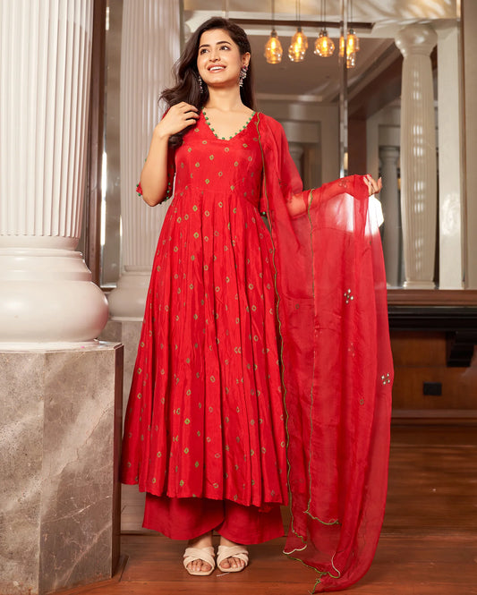 Rasa Red Bandhani Silk Suit Set For Women