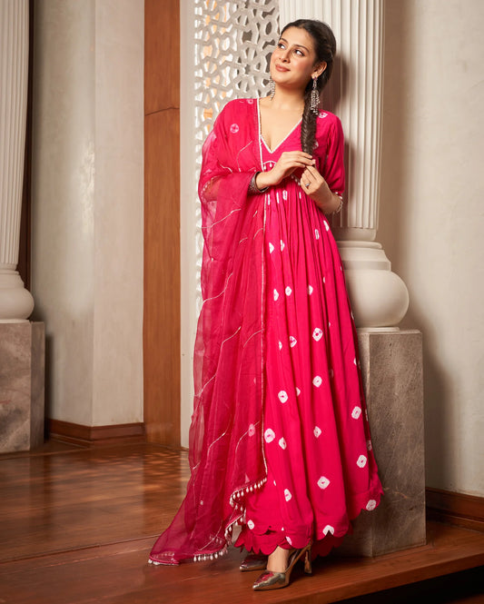 Women’s Mishika Premium Pink Bandhani Silk Suit Set