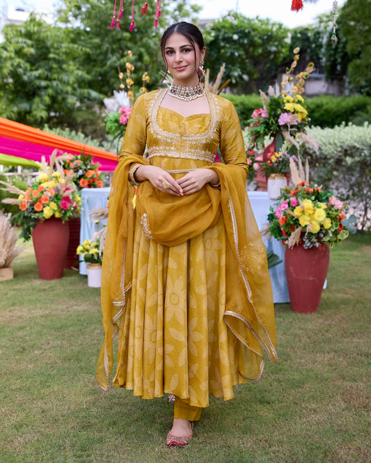 Stylish Teela Mustard Bandhani Chanderi Suit Set with Soft Lightweight Fabric