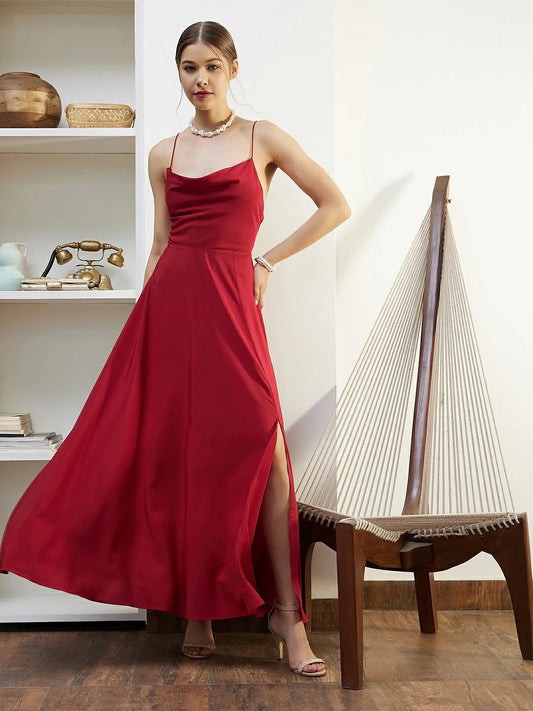 Red Cowl Neck Sleeveless Lace-Up Backless Flared Maxi Dress