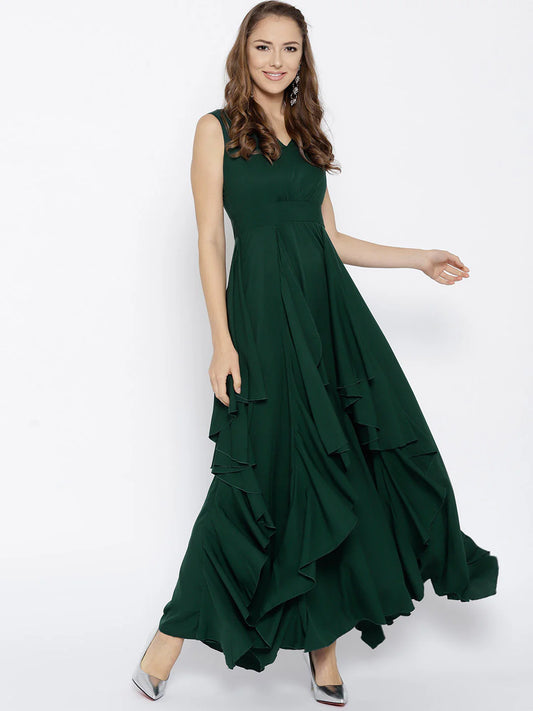 Green V-Neck Crepe Asymmetrical Hem Ruffled Maxi Dress