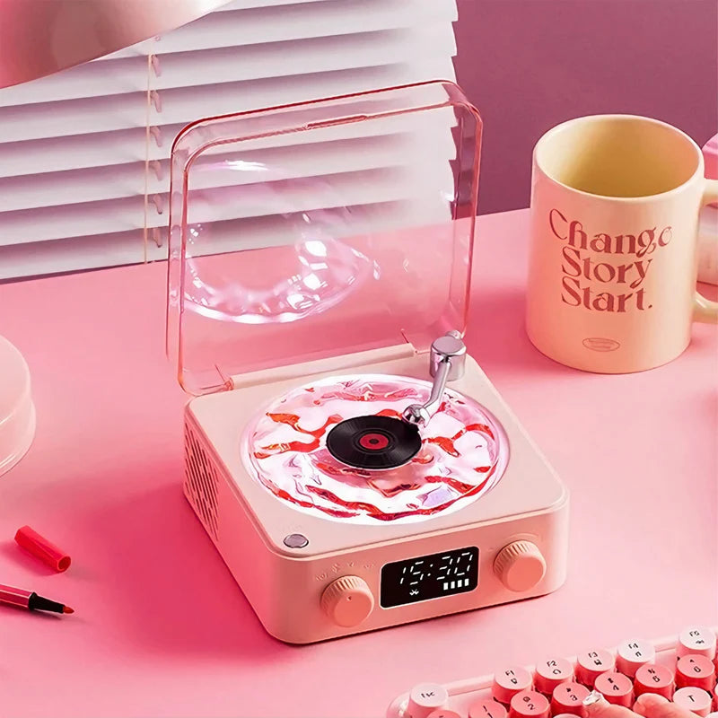 Retro Vinyl Bluetooth Speaker with LED Lights and Digital Clock for Home, Office, and Party Ambience