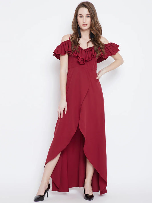 Women Solid Red V-Neck Tulip Hem Crepe Ruffled Maxi Dress