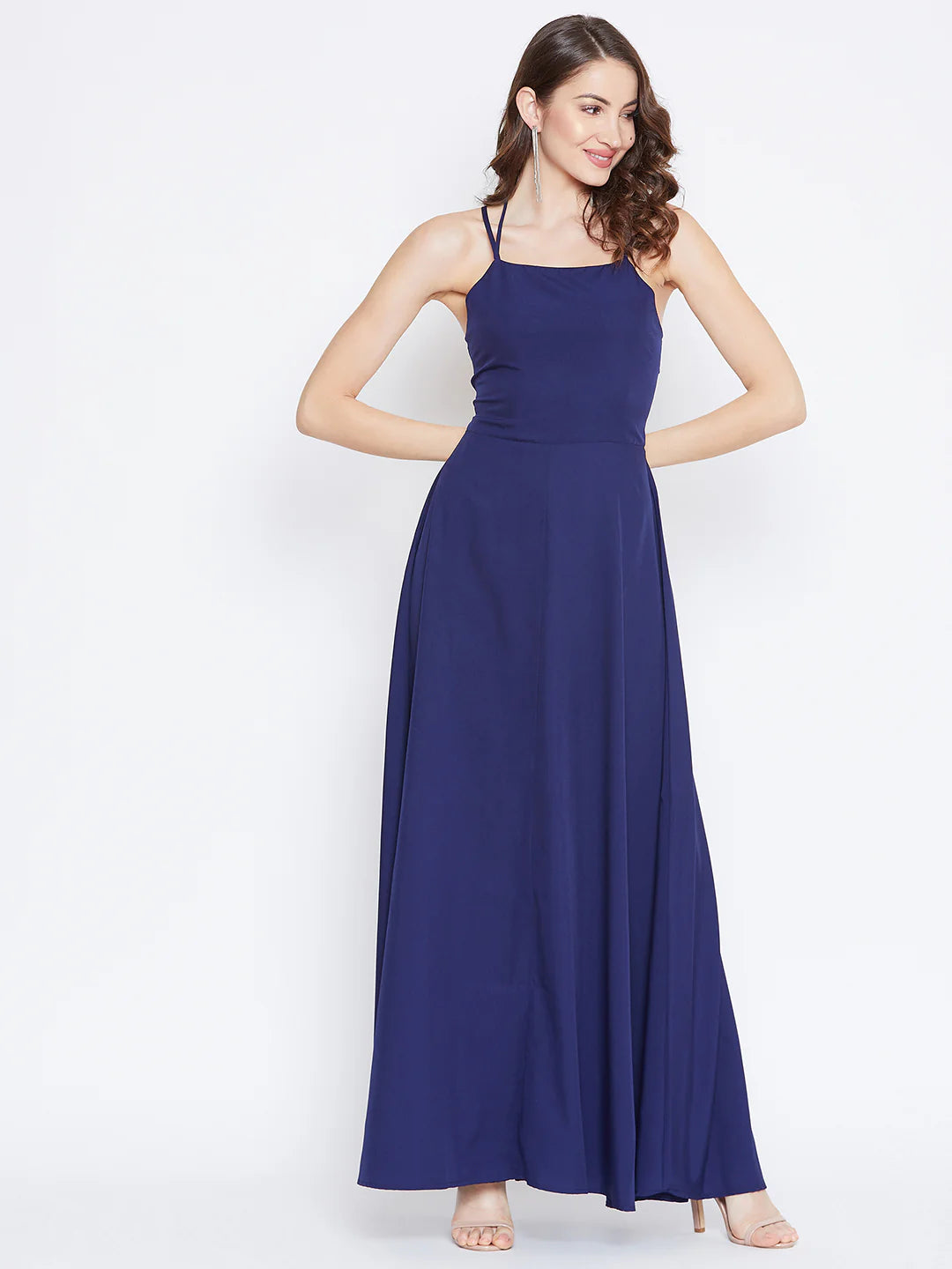 Navy Blue Halter Neck Caged Back Flared Maxi Dress