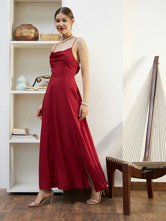 Red Cowl Neck Sleeveless Lace-Up Backless Flared Maxi Dress