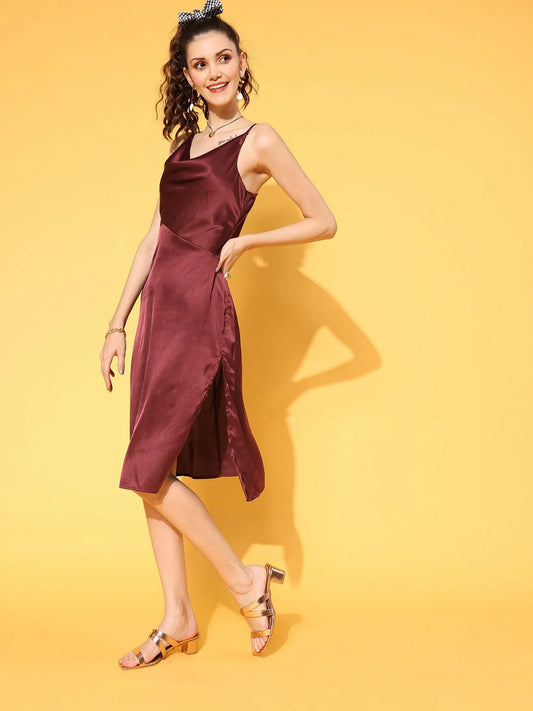 Women Solid Maroon Cowl Neck Sleeveless Satin Straight Hem Sheath Midi Dress