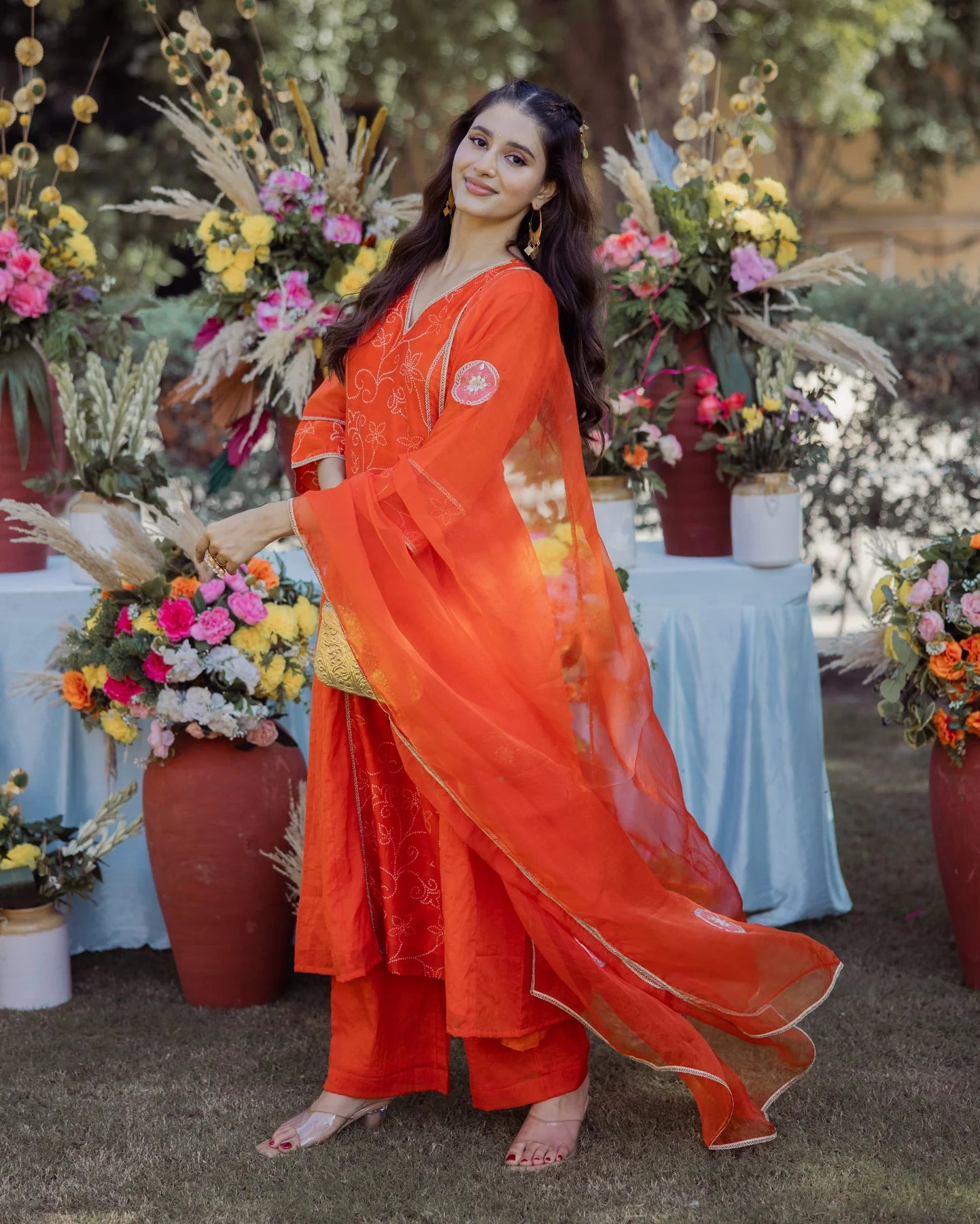 Stylish Saumya Orange Bandhani Chanderi Suit Set with Ethnic Detailing