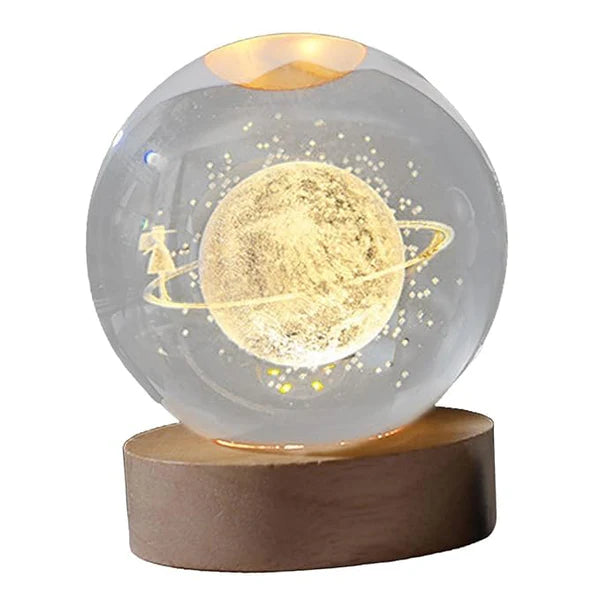 USB Powered Crystal Ball LED Lamp with Wooden Base and Holographic 3D Engraving for Room Decoration
