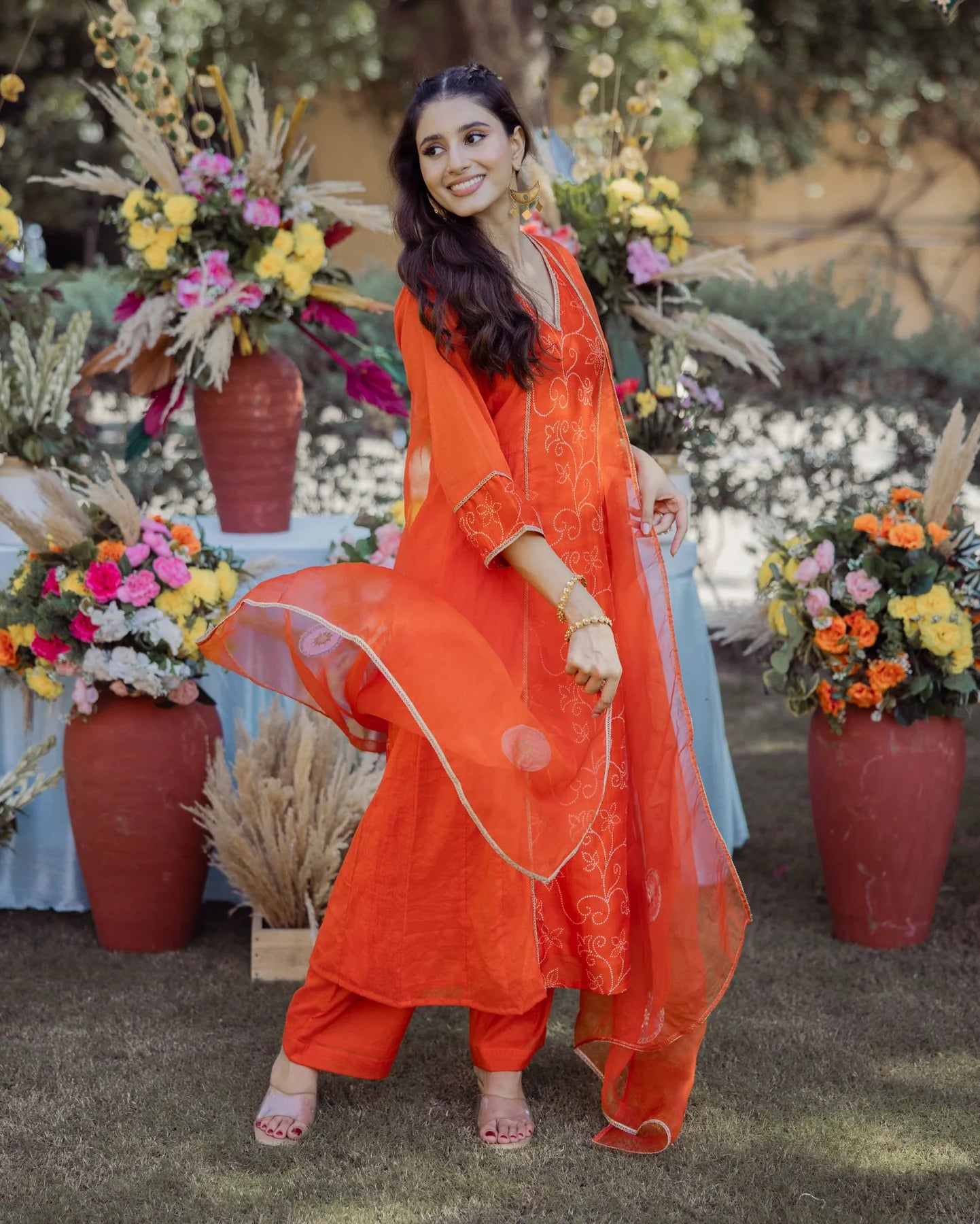 Stylish Saumya Orange Bandhani Chanderi Suit Set with Ethnic Detailing