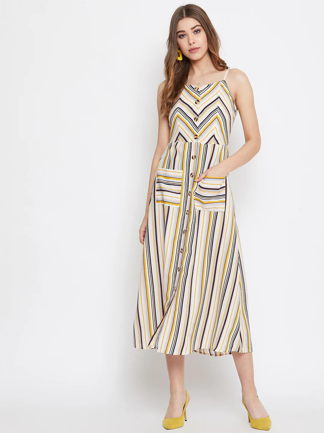 Women Multicoloured Stripe Patterned Button-Up Flared A-Line Midi Dress