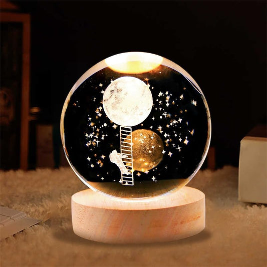 Crystal Ball LED Night Light 3D Holographic Engraving with USB and Wooden Base for Decorative Home or Office Use