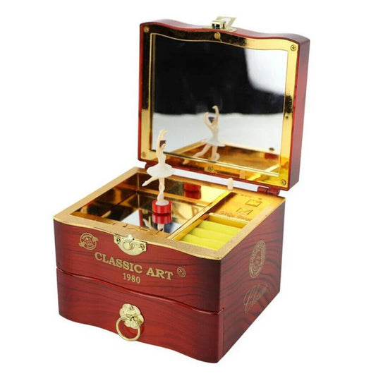 Musical Jewelry Box with Wind-Up Ballerina Mirror Drawer and Rotating Spinning Design