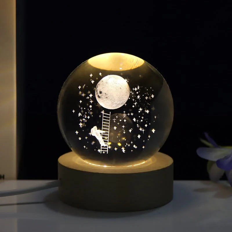 Crystal Ball LED Night Light 3D Holographic Engraving with USB and Wooden Base for Decorative Home or Office Use
