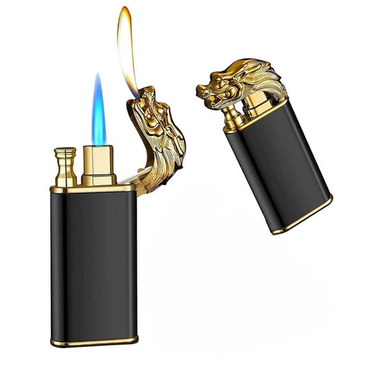 Refillable Butane Torch Lighter with Double Jet Flames Dragon Engraved Metal Design for Cigars and Gifts