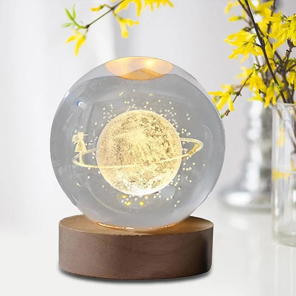 USB Powered Crystal Ball LED Lamp with Wooden Base and Holographic 3D Engraving for Room Decoration