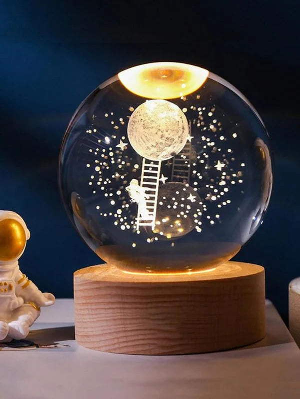 Crystal Ball LED Night Light 3D Holographic Engraving with USB and Wooden Base for Decorative Home or Office Use