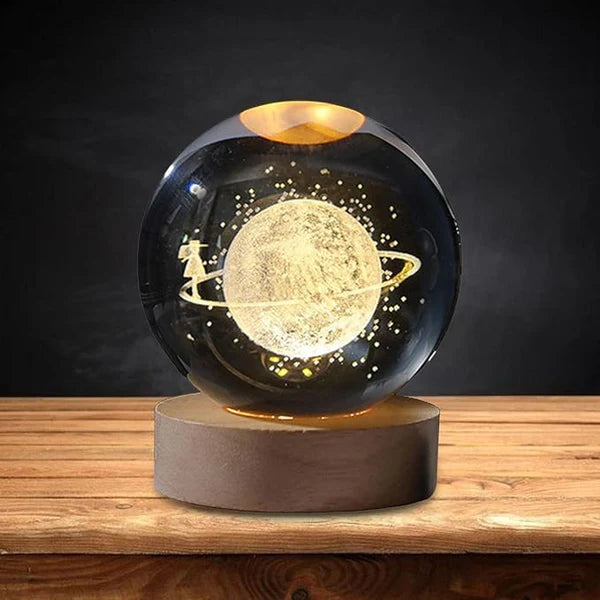 USB Powered Crystal Ball LED Lamp with Wooden Base and Holographic 3D Engraving for Room Decoration