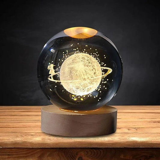 USB Powered Crystal Ball LED Lamp with Wooden Base and Holographic 3D Engraving for Room Decoration