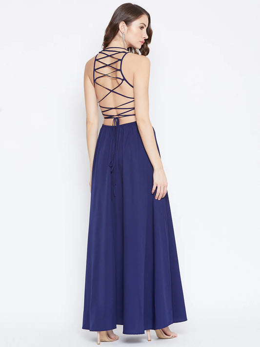 Navy Blue Halter Neck Caged Back Flared Maxi Dress