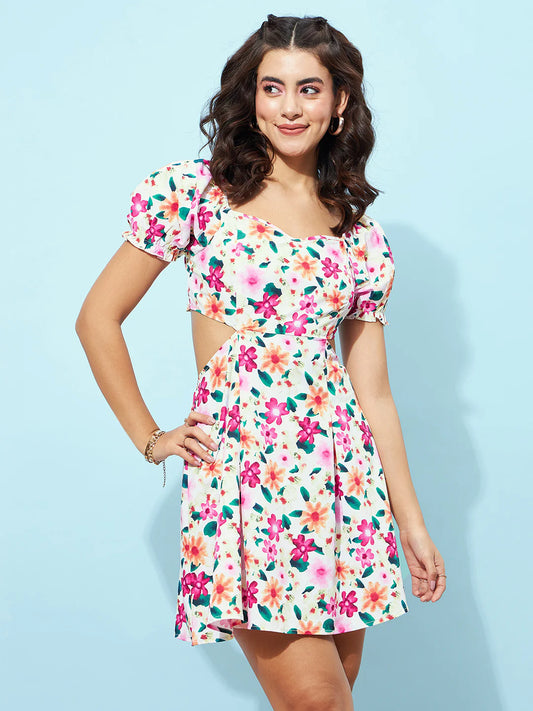 White & Pink Floral Printed Sweetheart Neck Puff Sleeves Cutout Waist Straight Hem Fit & Flare Mini Dress