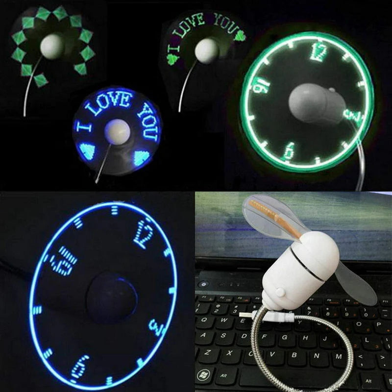 LED Fan with USB Power Custom Text Programmable Display Flexible Gooseneck and Clock Function
