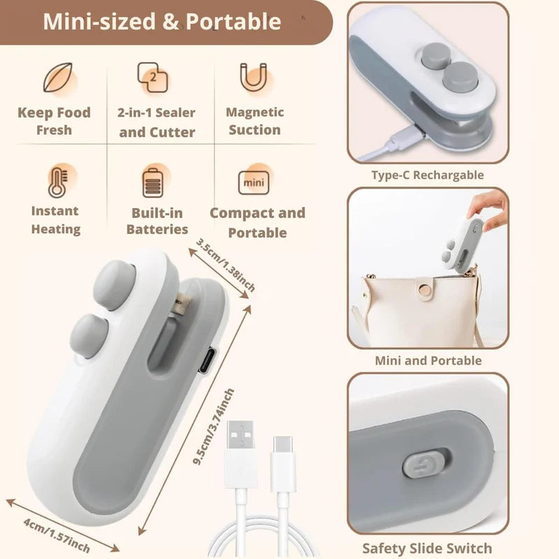 Portable 2 in 1 Mini Bag Sealer with Cutter USB C Rechargeable Food Storage Machine for Chips Snacks and Packets