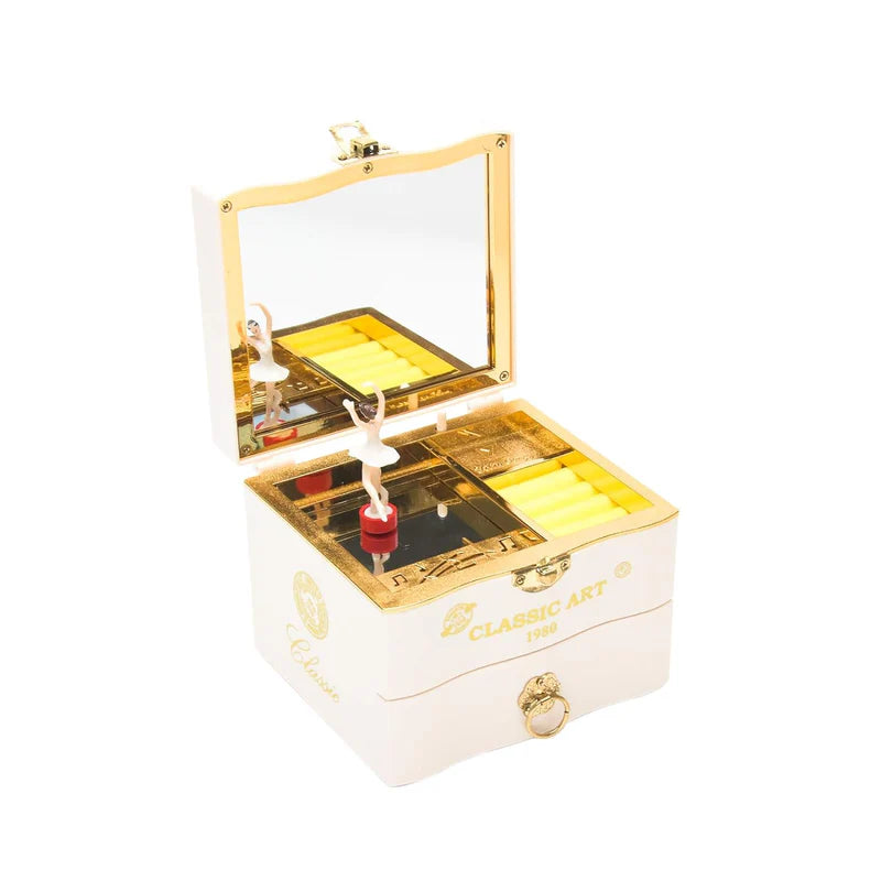Musical Jewelry Box with Wind-Up Ballerina Mirror Drawer and Rotating Spinning Design