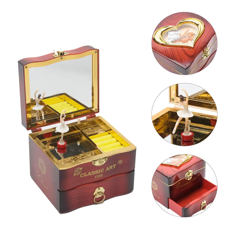 Musical Jewelry Box with Wind-Up Ballerina Mirror Drawer and Rotating Spinning Design