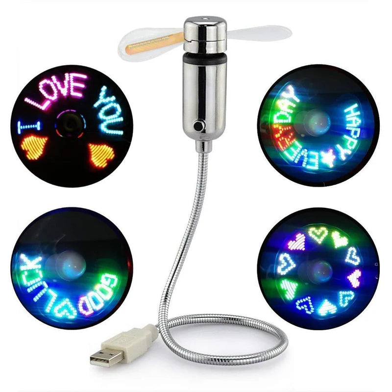 LED Fan with USB Power Custom Text Programmable Display Flexible Gooseneck and Clock Function