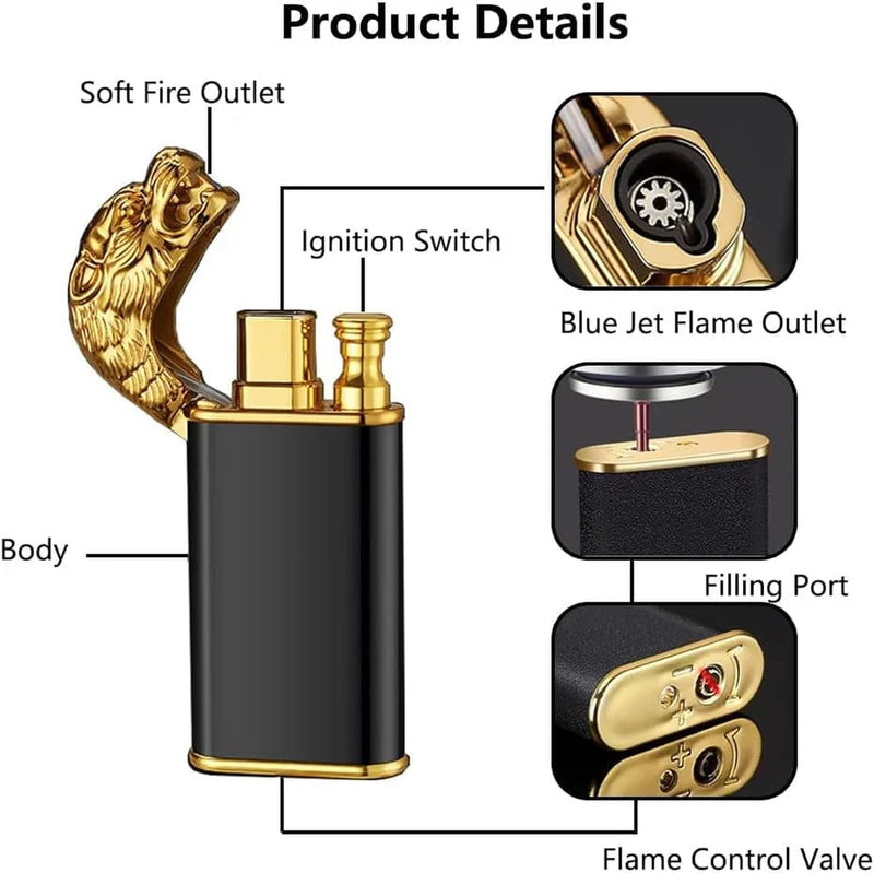 Refillable Butane Torch Lighter with Double Jet Flames Dragon Engraved Metal Design for Cigars and Gifts