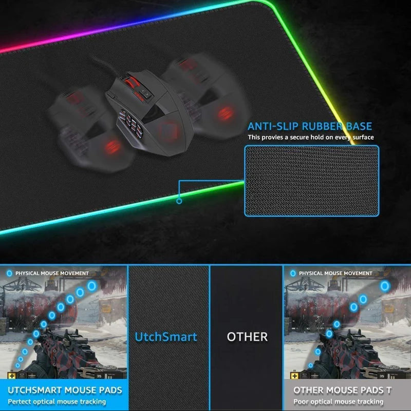 Gaming Keyboard and Mouse Pad with RGB LED Lights Waterproof Rollable Surface and Large Non Slip Design