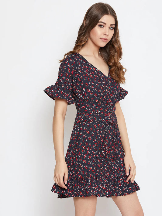 Navy Blue Floral Printed Fit & Flare Mini Dress