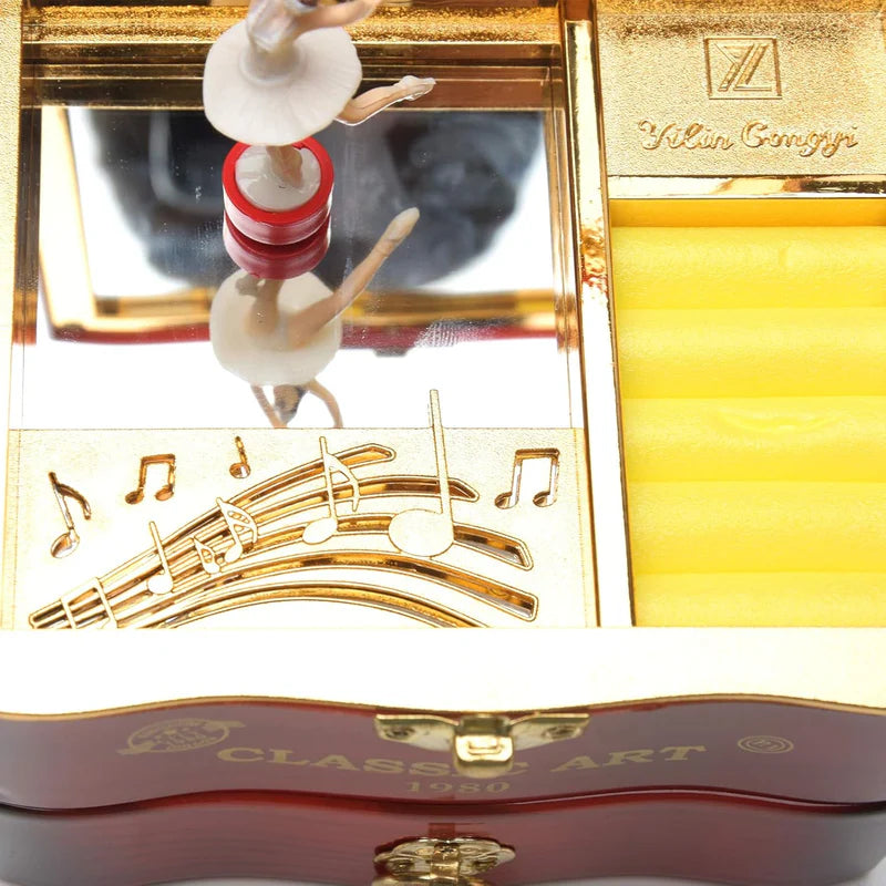 Musical Jewelry Box with Wind-Up Ballerina Mirror Drawer and Rotating Spinning Design