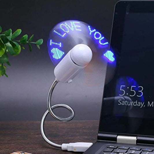 LED Fan with USB Power Custom Text Programmable Display Flexible Gooseneck and Clock Function