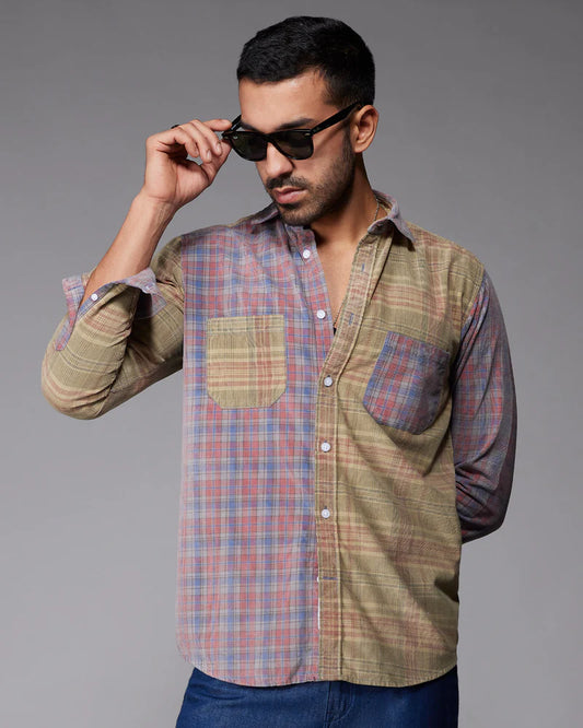 Stylish Men’s Red & Grey Corduroy Cut & Sew Checked Shirt with Modern Pattern and Soft Fabric
