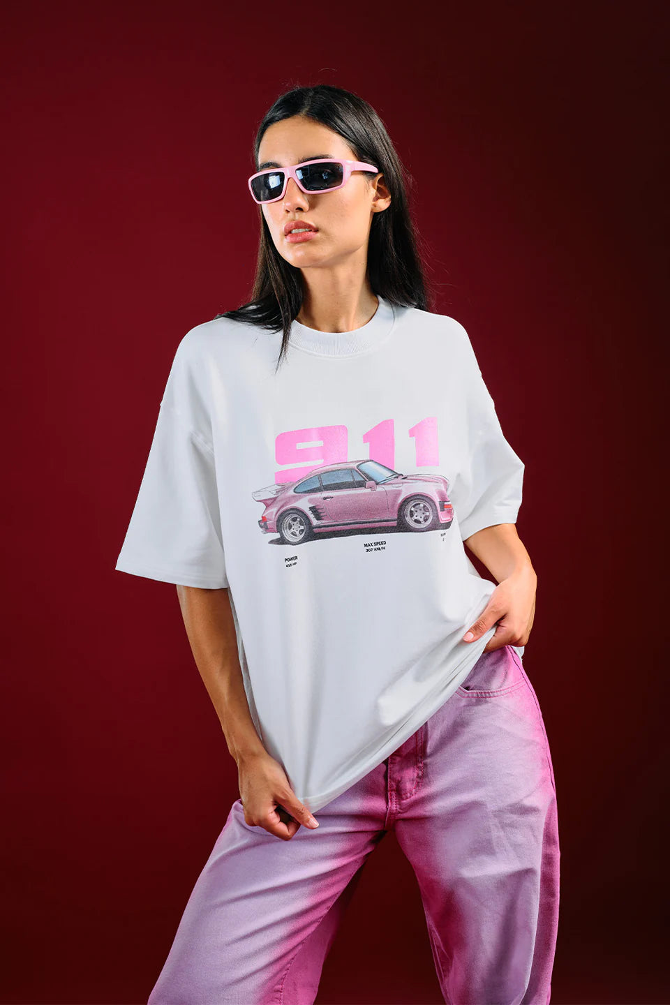 Blush Machine Oversized T-Shirt for Women with Trendy Graphic Print and Relaxed Fit