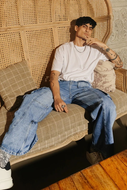 Comfortable Blue Patch & Seam Men’s Wide Cargo Jeans Perfect for Outdoor and Daily Wear
