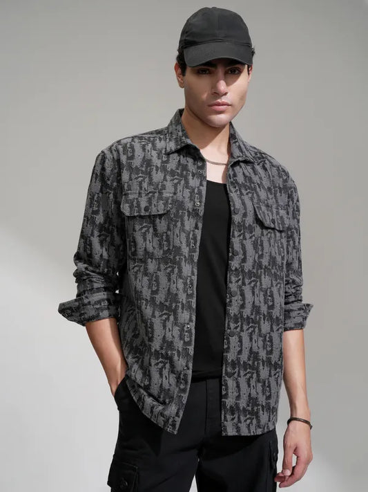 Men Grey Printed Relaxed Fit Casual Shirt