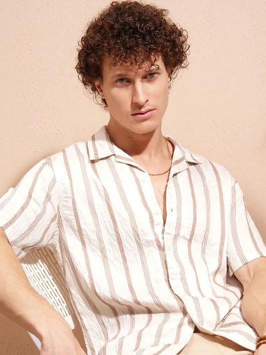 Stylish Men’s Cream Striped Relaxed Fit Casual Shirt with Modern Stripe Pattern and Soft Fabric