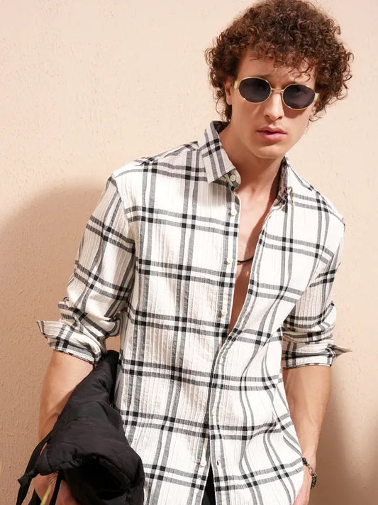 Men’s Cream Checked Relaxed Fit Casual Shirt Ideal for Daily Wear and Urban Style