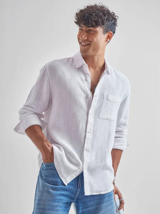 Trendy Men’s White Self Design Relaxed Fit Casual Shirt for Comfortable Everyday Wear