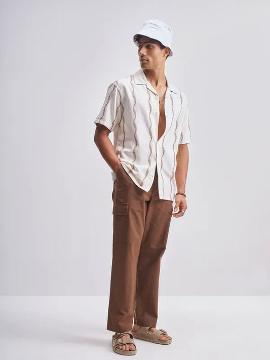 Men’s Cream Embroidered Relaxed Fit Casual Shirt