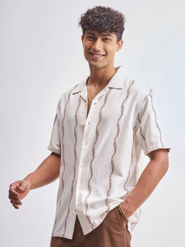 Men’s Cream Embroidered Relaxed Fit Casual Shirt