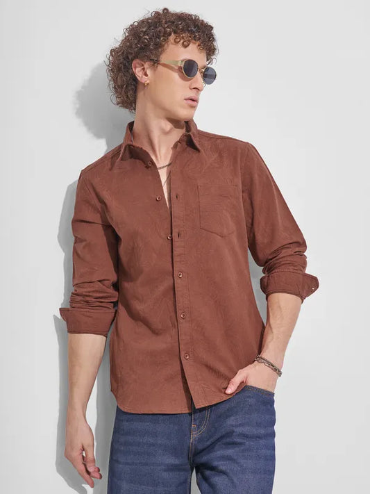 Trendy Men’s Brown Self Design Slim Fit Casual Shirt for Stylish Everyday Wear